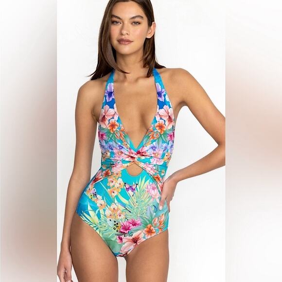 Johnny Was Water Tropic Tie Dye Twist Key Hole Halter One Piece Swimsuit Medium - Picture 10 of 10